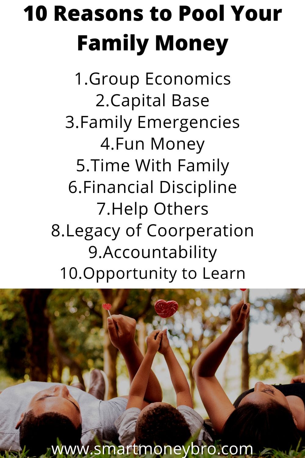 10 Reasons to Pool Your Family Money with family laying in grass outside looking up. smart money bro