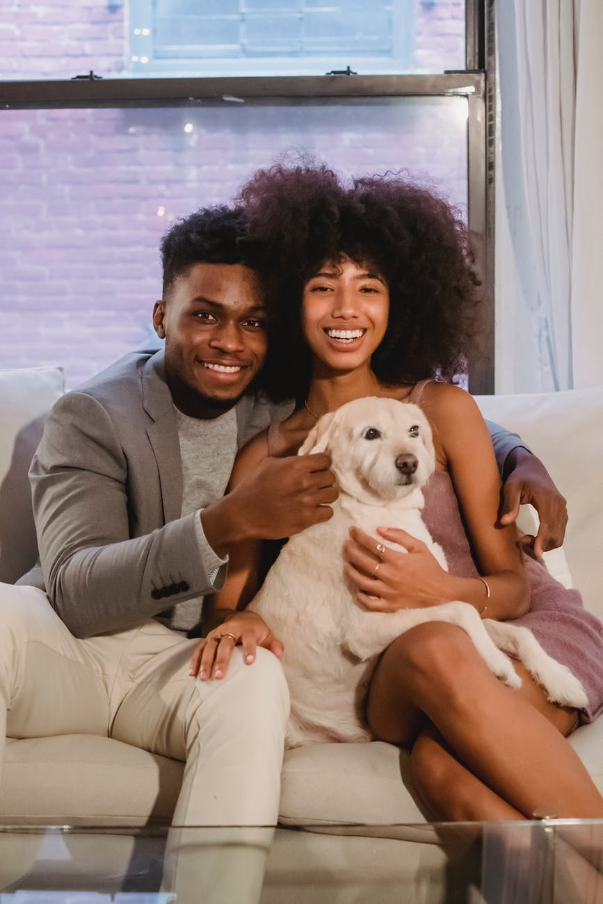 happy black couple stroking dog on couch, who wants to be a millionaire, smart money bro
